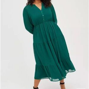 Torrid Emerald Green Midi Tiered dress with Swiss Dot Texture